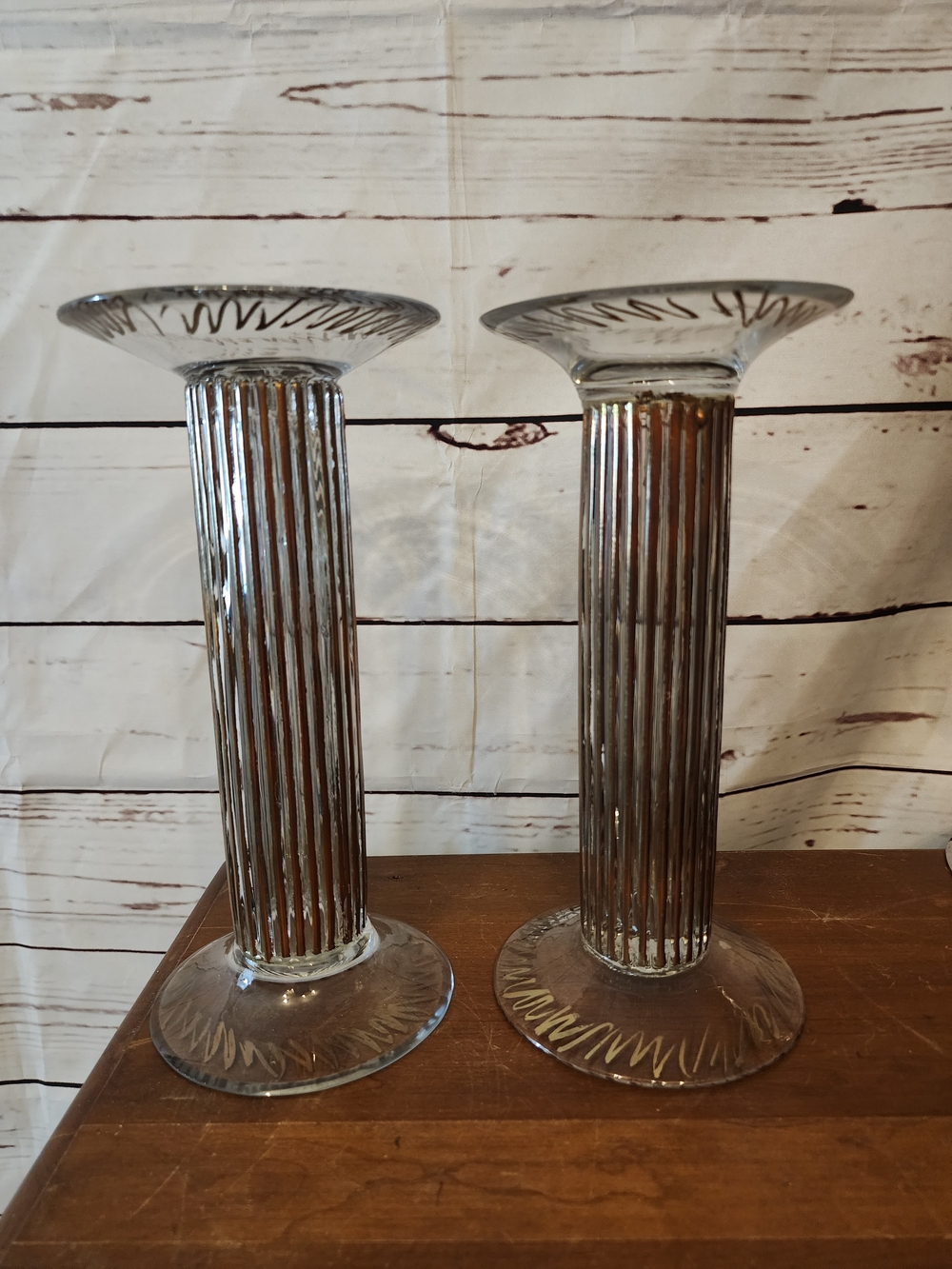 Vintage Glass Ribbed Column Candle Holders - Gold Trim